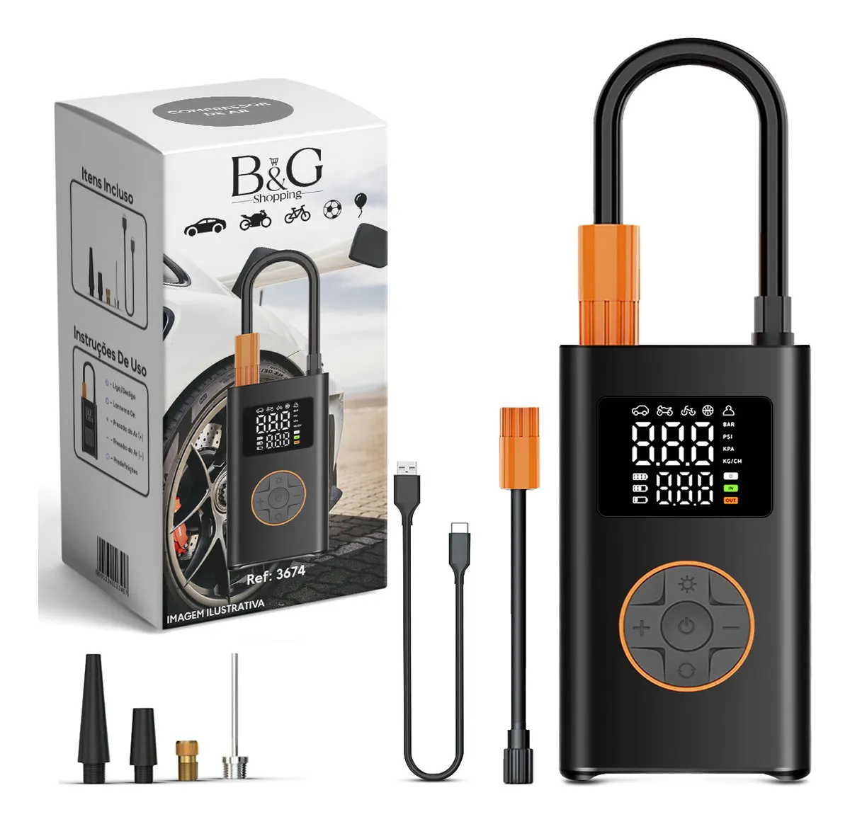 Compressor de Ar Portátil B&G USB-C Sem Fio Preto para Carro Bike Moto 35L 150psi